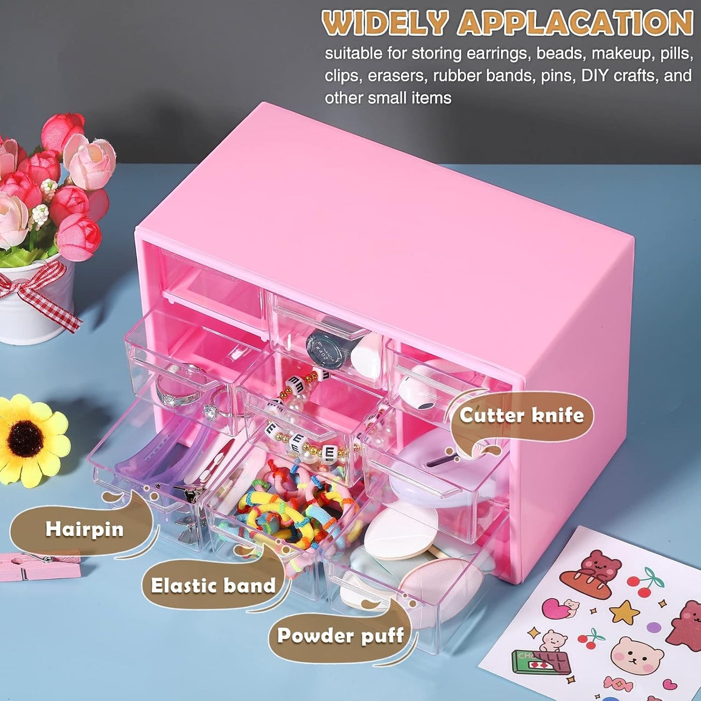 Amyhill 6 Pcs Mini Drawer Organizer Small Organizer with 9 Drawers Plastic Desktop Craft Storage Box for Office Home Room Jewelry Cosmetics Collection(Rose Red)