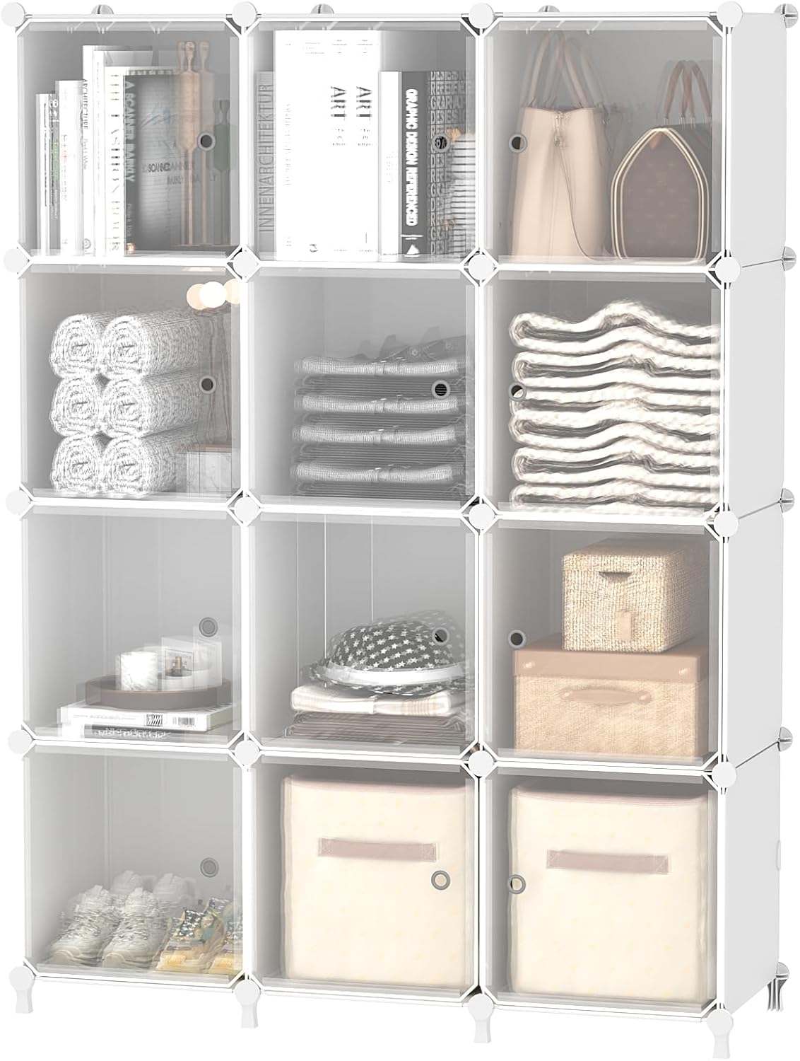 AWTATOS Cube Storage Closet Organizer 12 Cube Storage Shelves with Doors Closet Organizers and Storage Stackable Clothes Organizer for Bedroom, Home Office, White