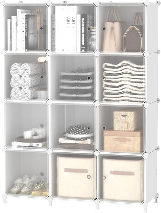 AWTATOS Cube Storage Closet Organizer 12 Cube Storage Shelves with Doors Closet Organizers and Storage Stackable Clothes Organizer for Bedroom, Home Office, White