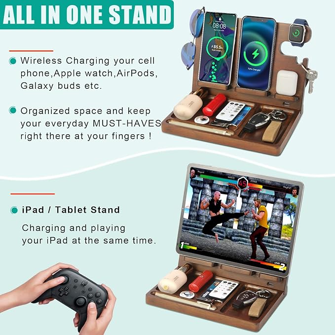 Wireless Charging Station,Wood Phone Docking Station for Men,Nightstand Organizer Charging Station with 4 Wireless Charger Fast Charging for iPhone/Samsung/Apple Watch/Earbuds,Gifts for Men