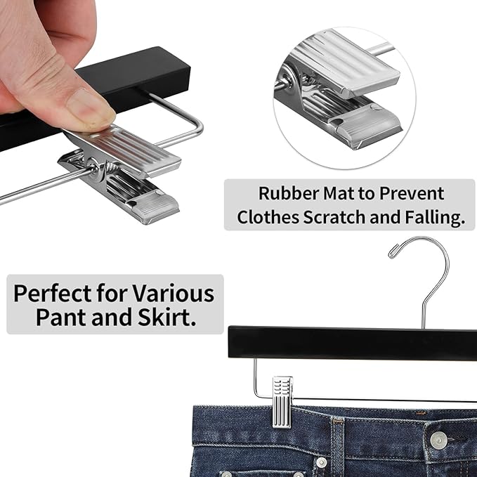 AMKUFO 20pcs Wooden Pants Hangers Solid Pants Hangers with Adjustable Clips 14 Inch Black Wood Skirt Hangers Trousers Bottom Hangers with Non-Slip Clips and 360° Swivel Hook