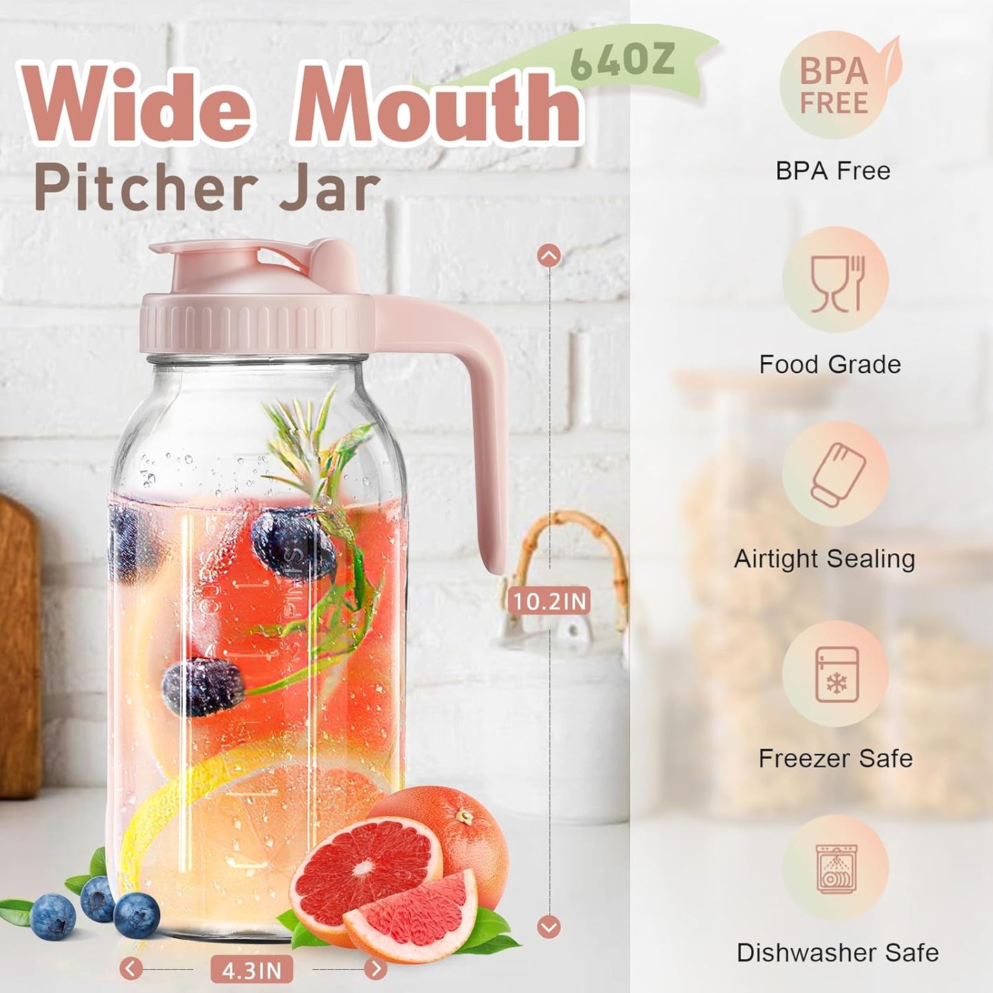 2 Pack Mason Jar with Pour Spout Lid V-shaped, 2 Quart Iced Tea Pitcher Double Leak Proof, 64 oz Drink Pitcher for Breastmilk, Sun Tea, Juice, Coffee Creamer, Formula Pitche