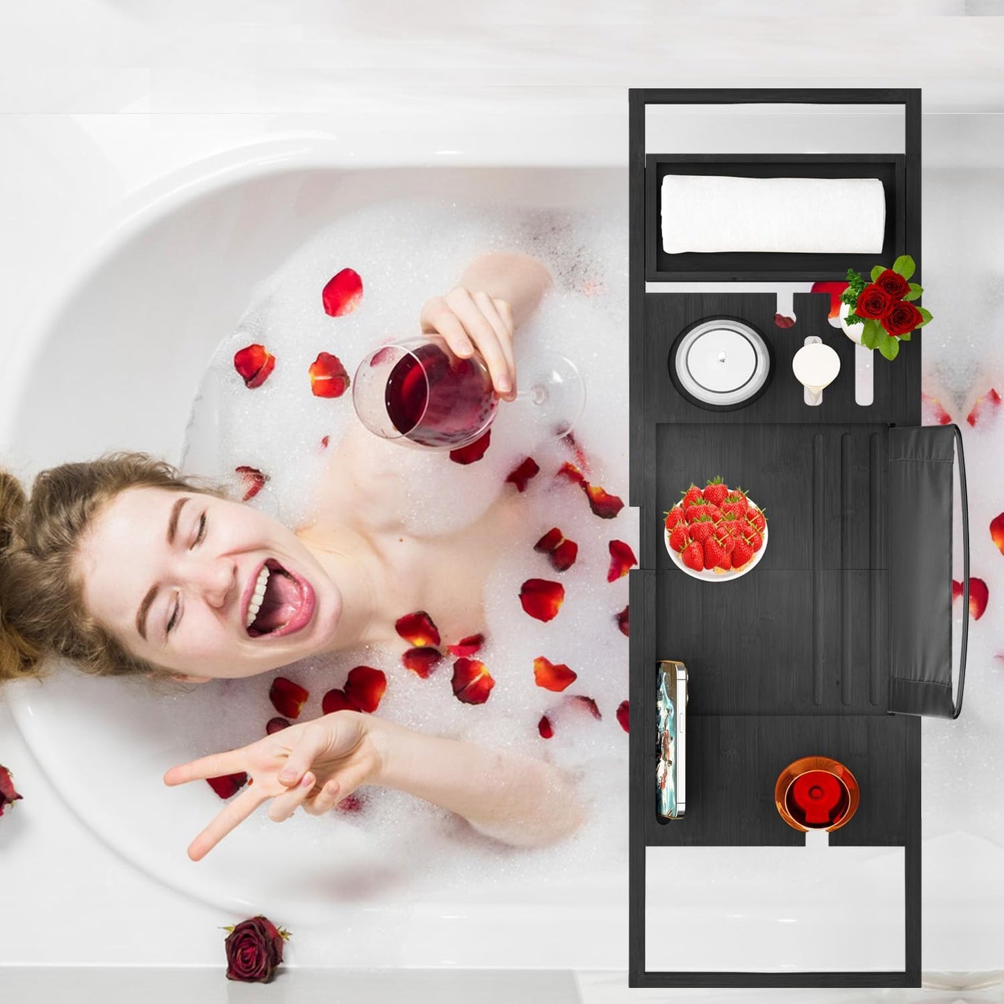 Premium Bathtub Tray Caddy - Bath Tray Expandable - Bath Tub Tray Table for Bathtub, Bamboo Wooden, Fits Most Bath Tubs