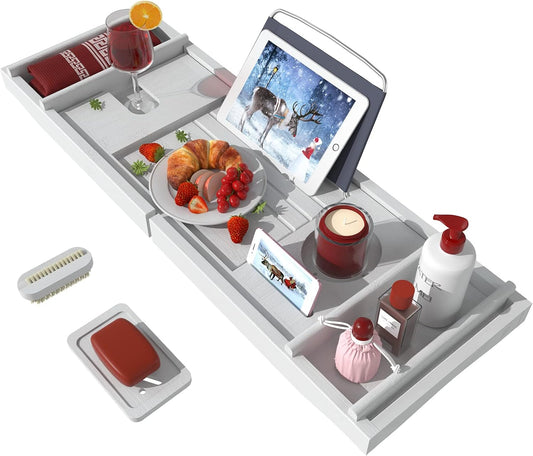 Bathtub Caddy Tray for Luxury Bath - Bamboo Waterproof Expandable Bath Table Over Tub with Wine and Book Holder and Free Soap Dish (White)