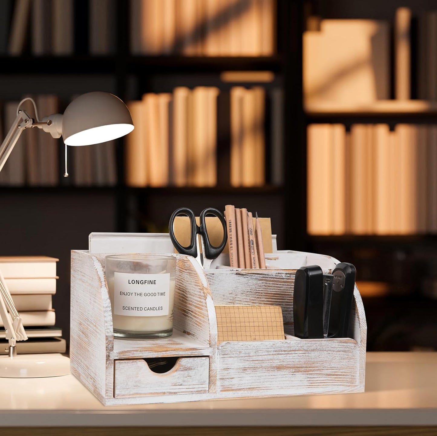 VERGOODR Office Desk Drawer Supply Organizer and Accessories, Wood Desk Organizer with 6 Compartments & 1 Drawer Binders Folder Papers Holder Pen Holder Office Desktop File Organizer (Washed white)