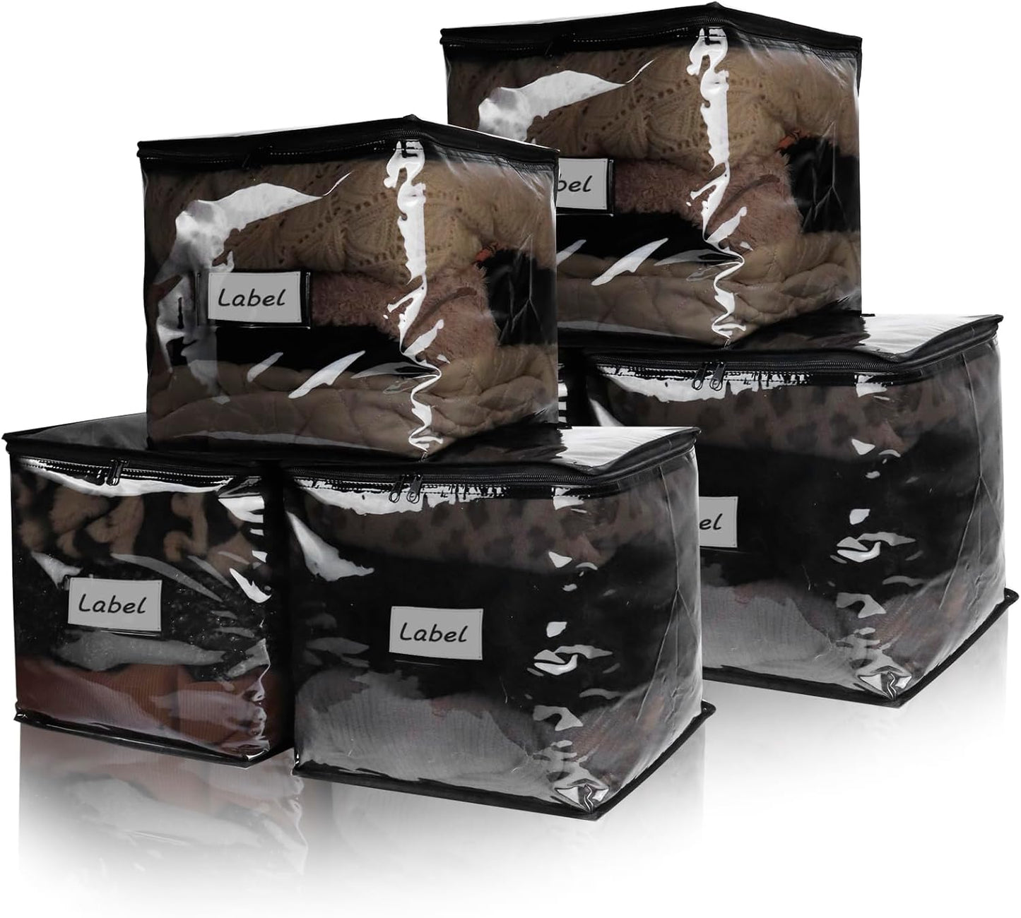 Clear Zippered Storage Bags Plastic Sweater Storage Bags with Zipper 6 Packs Clothing Organizer for Blankets Linen Sweater Bed Sheet Quilt Clothes Pillow (12 x 12 x 12 Inch, Black)