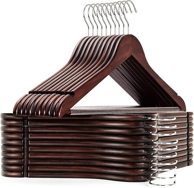 Amber Home 20 Pack Solid Wood Suit Coat Hangers, Smooth Walnut Finish Wooden Dress Hangers with Non Slip Pant Bar, Clothes Hangers with 360 Swivel Hook & Notches for Jacket, Pant, Shirt (Walnut, 20)