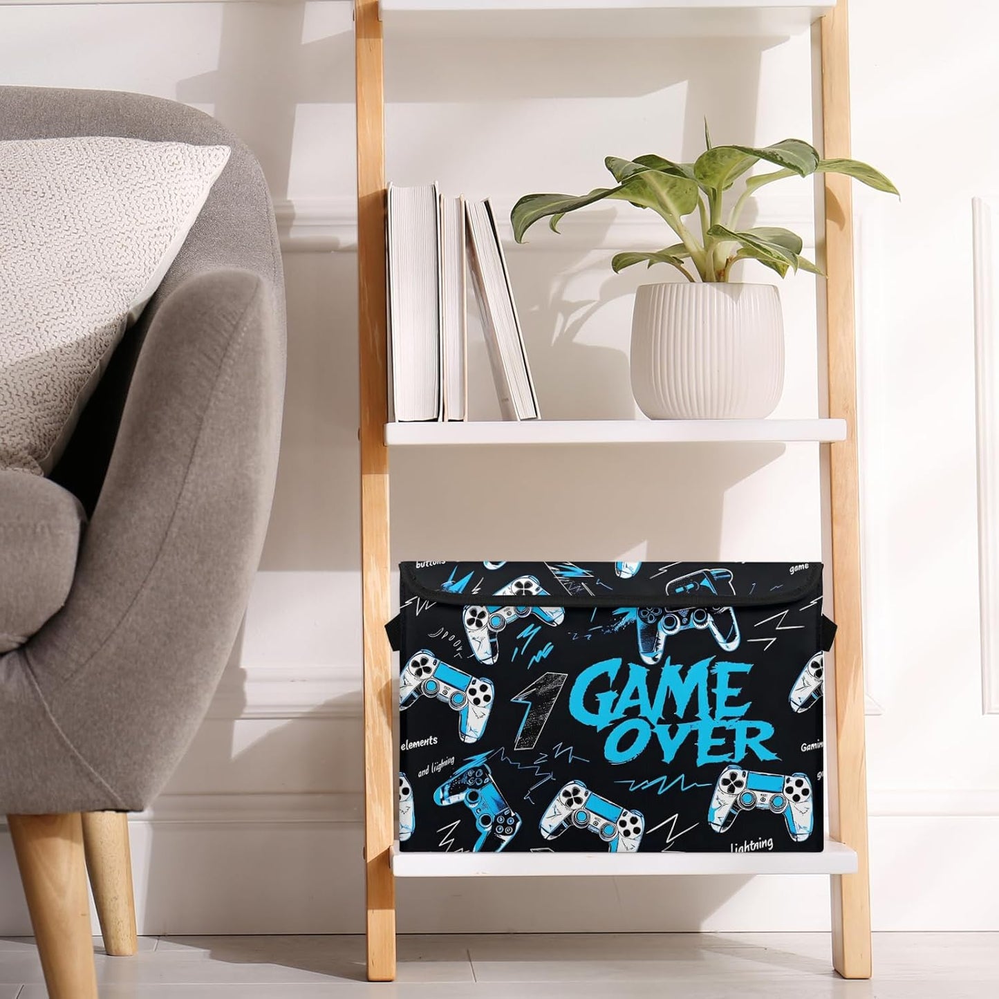 Closet Storage Bins Storage Baskets for Organizing with Flip-Top Lid & Handles, 27 Quart Large Linen Closet Organizers and Storage Cubes, Decorative Wardrobe Boxes for Organization (Game Console)