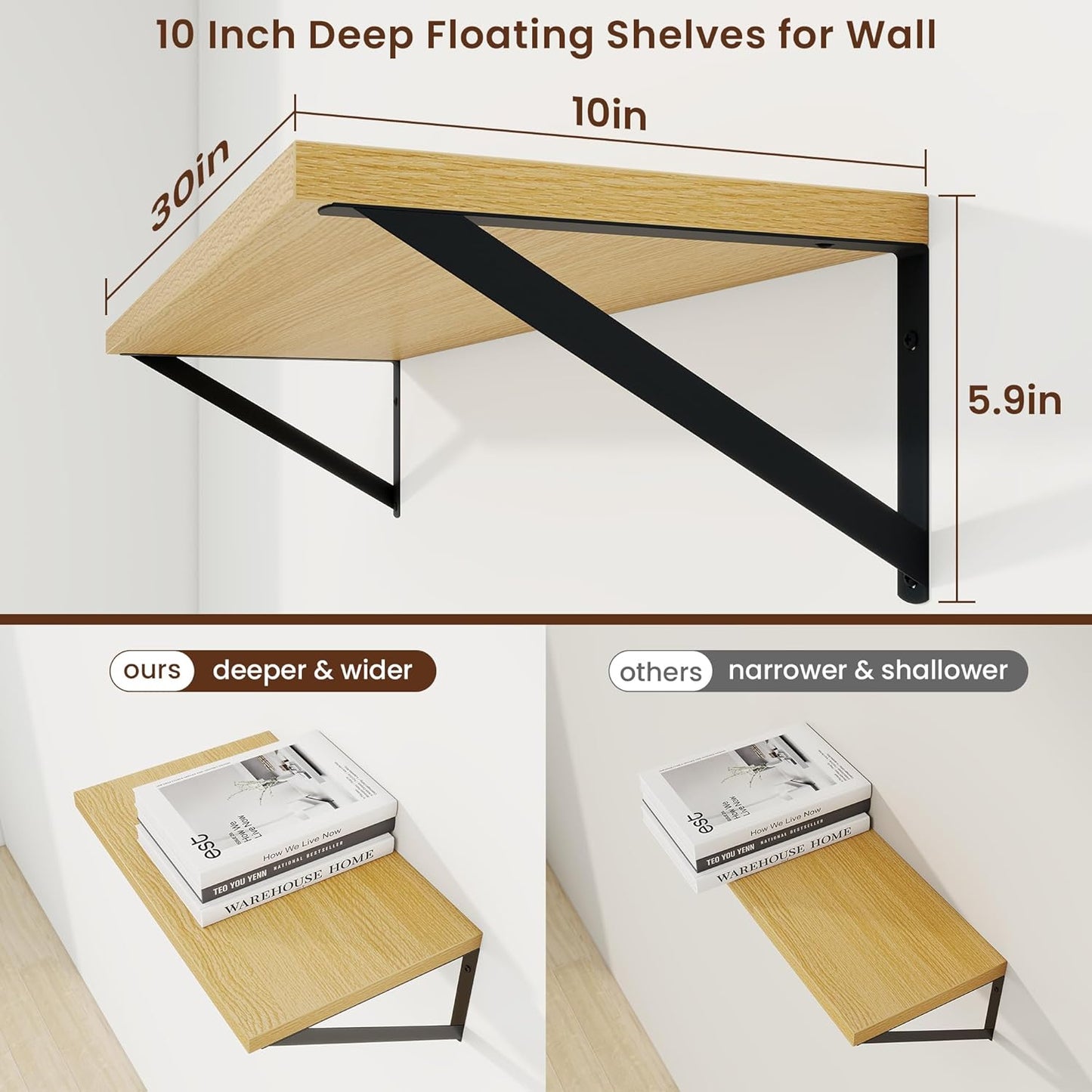 Axeman Deep Floating Shelves for Wall - 30 Inch Wide x 10 Inch Deep Floating Shelves Set of 2 -Oak Wide Wall Shelves for Living Room Bathroom Bedroom