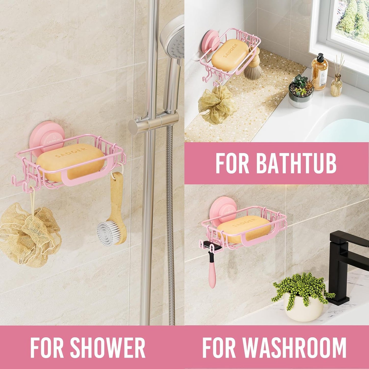 LEVERLOC Soap Holder Dish with Hooks for Shower, Bar Suction Cup Soap Tray Wall Mounted, Rustproof Stainless Steel Sponge Holder Caddy for Bathroom Bathtub Kitchen Sink, Pink