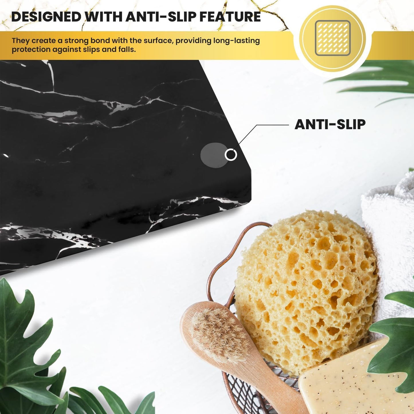 DAYONE Holder with Marble Look - Soap Dish with Soap Saver Ridges Rectangle Bar Soap Holder with Non Slip Feet - Soap Tray for Bathroom, Sink, Kitchen, and SPA (Black)