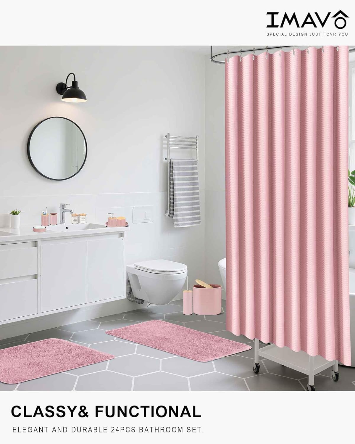 IMAVO Pink Bathroom Set,26Pcs Bathroom Accessories Set with Waffle Shower Curtain,Rugs,Trash Can,Tray,Soap Dispenser,Soap Dish,Toothbrush Holder,Toothbrush Cup,Toilet Brush Holder and Qtip Holders