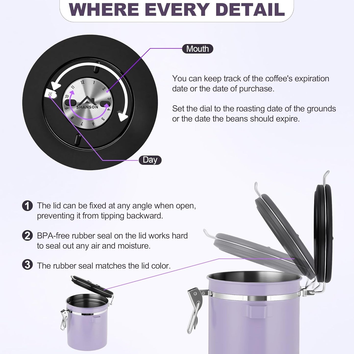 ShanSon Coffee Canister Airtight Coffee Container Stainless Steel Coffee Bean Storage Container with Scoop Coffee Canister for Beans Grounds Sugar Flour Tea Cereal,11OZ, Purple