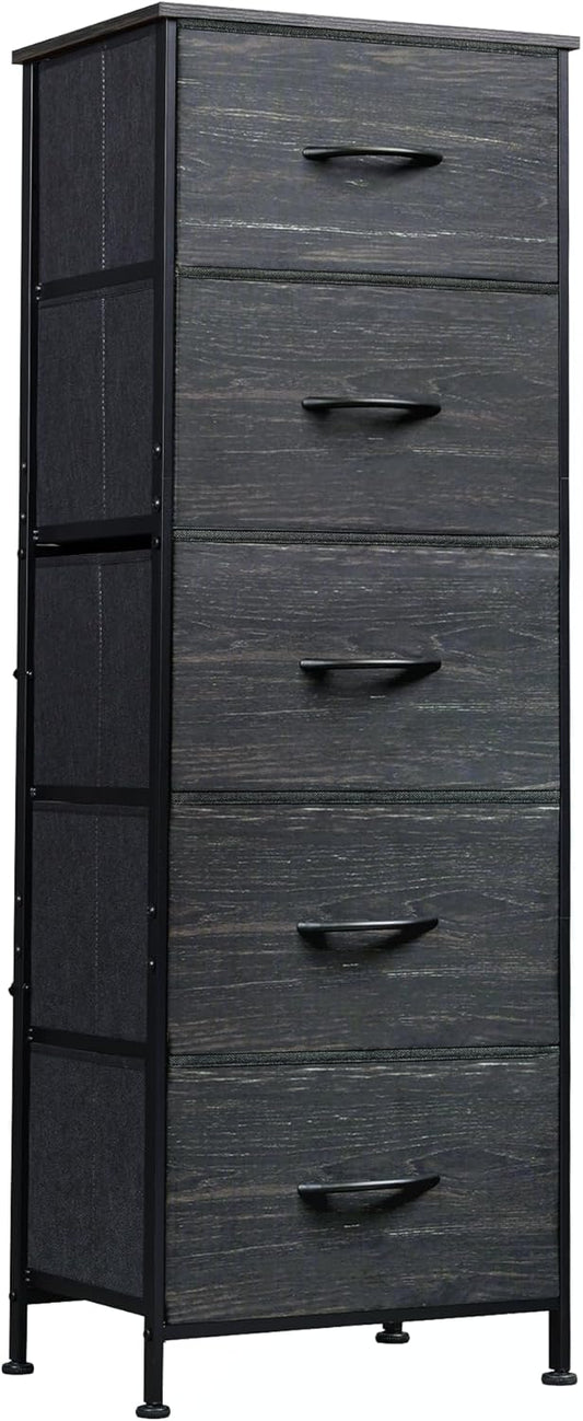 WLIVE Fabric Dresser, 5-Drawer Tall Dresser for Bedroom, Storage Dresser Organizer with Fabric Bins, Wood Top, Sturdy Steel Frame, Chest of Drawers for Closet, Hallway, Charcoal Black Wood Grain Print