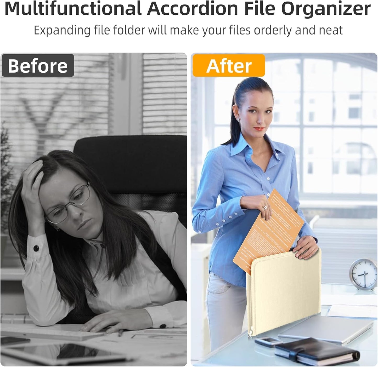 Fireproof Accordion File Organizer, Portable Expanding File Folder with Waterproof Zipper&Labels, Khaki Document Organizer with 13 Pockets, File Organizer for Important Document/Paper Storage