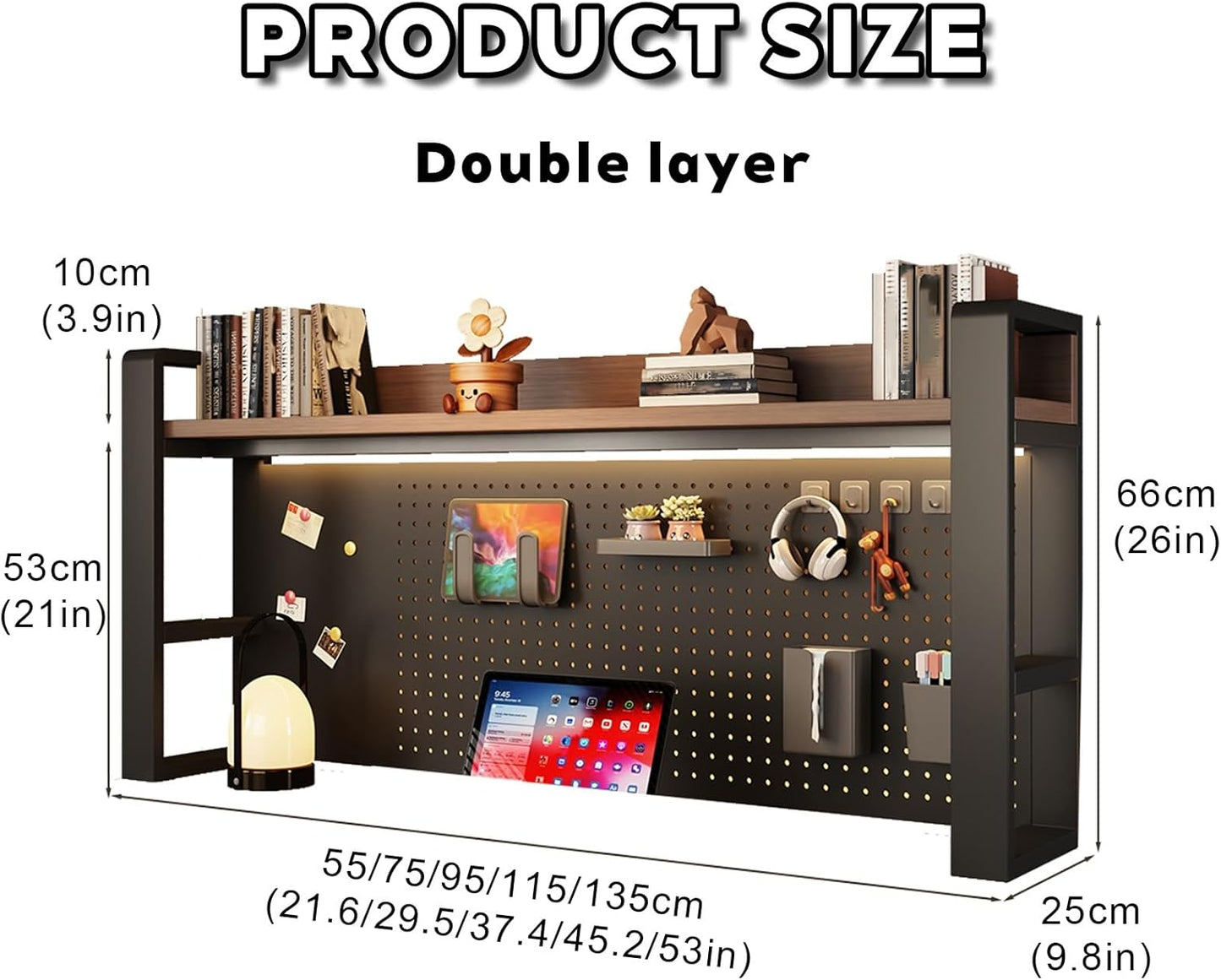 2-Tier Computer Desktop Bookshelf, Metal and Wood Desk Organizer Shelf with Pegboard, Small Freestanding Rack for Gaming, Study, and Display, for Home Office and Dorm