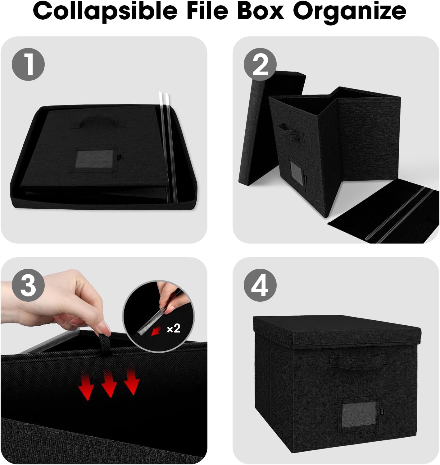 File Organizer Boxes with Lid, Linen Hanging File Storage Boxes with Handle, Collapsible Document Filling Boxes for Letter/Legal Folder, Portable File Box for Office/Decor/Home (4 Pack, Black)