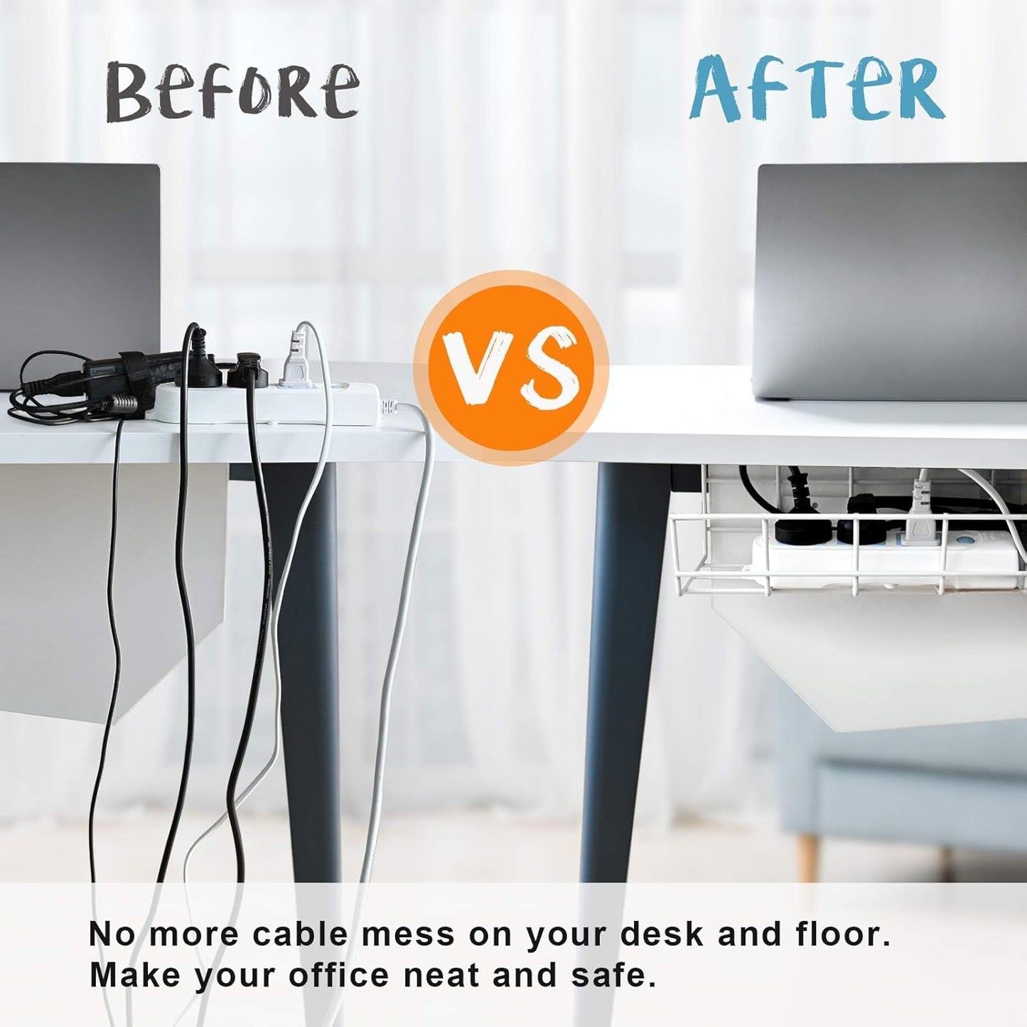 Under Desk Cable Management- 4 Pack Cord Organizer. Metal Wire Cable Management Tray for Office, Studio and Home. Super Sturdy Under Table Cable Managements - White Cable Organizer