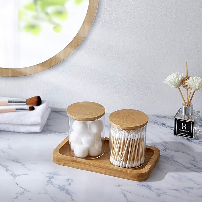 Glass Qtip Holder with Vanity Tray, Apothecary Jars Bathroom Accessories Bathroom Canisters Organizer Countertop Q Tip Holder for Cotton Ball Round Swab Pad Hair Ties Floss Perfume Jewelry