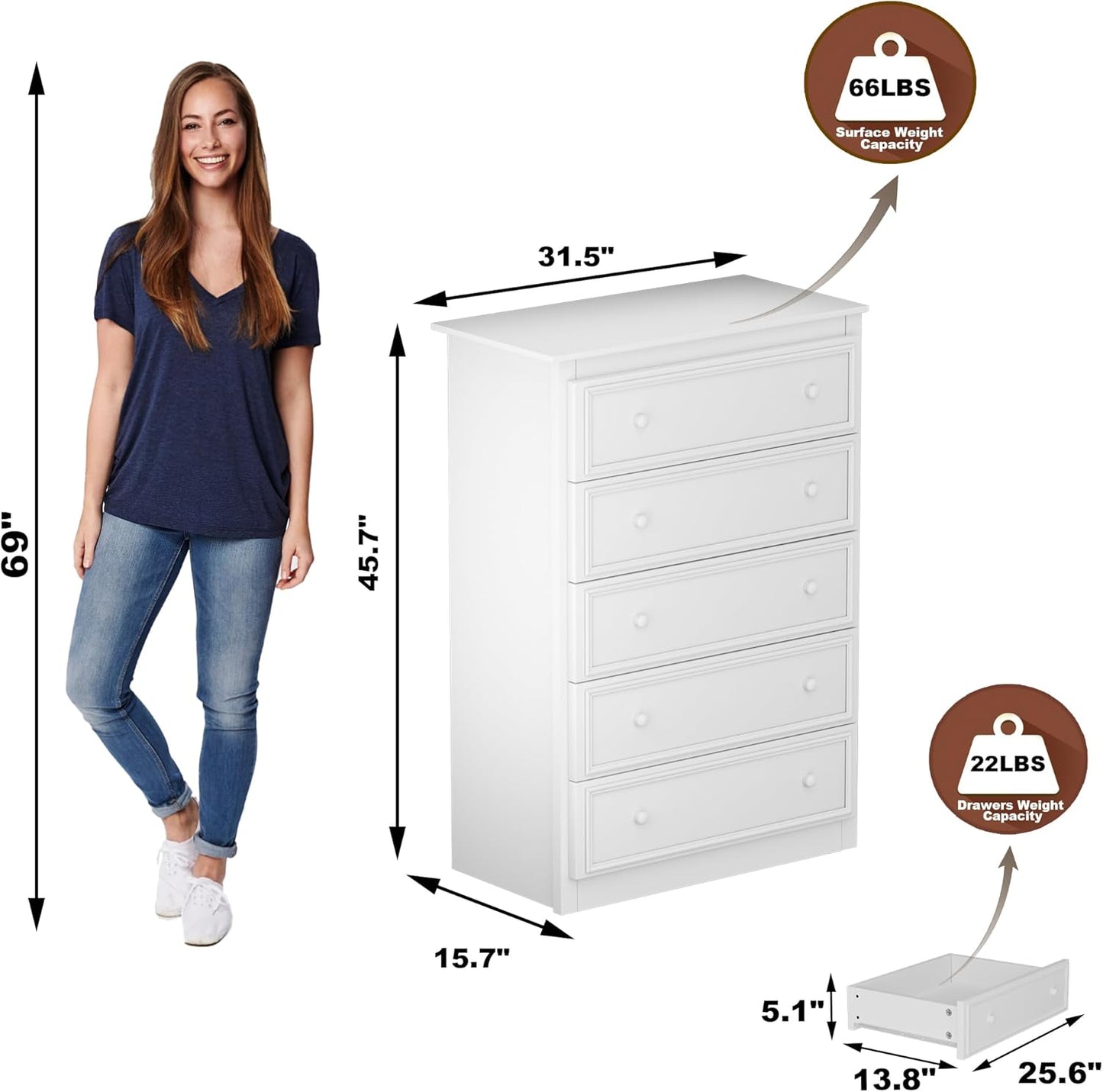 5 Drawer Dresser for Bedroom, Tall Wooden Chest of Drawers with Spacious Top, Modern Storage Organizer Cabinet for Closet, Nursery, Living Room, 15.7" D x 31.5" W x 45.7" H (White)