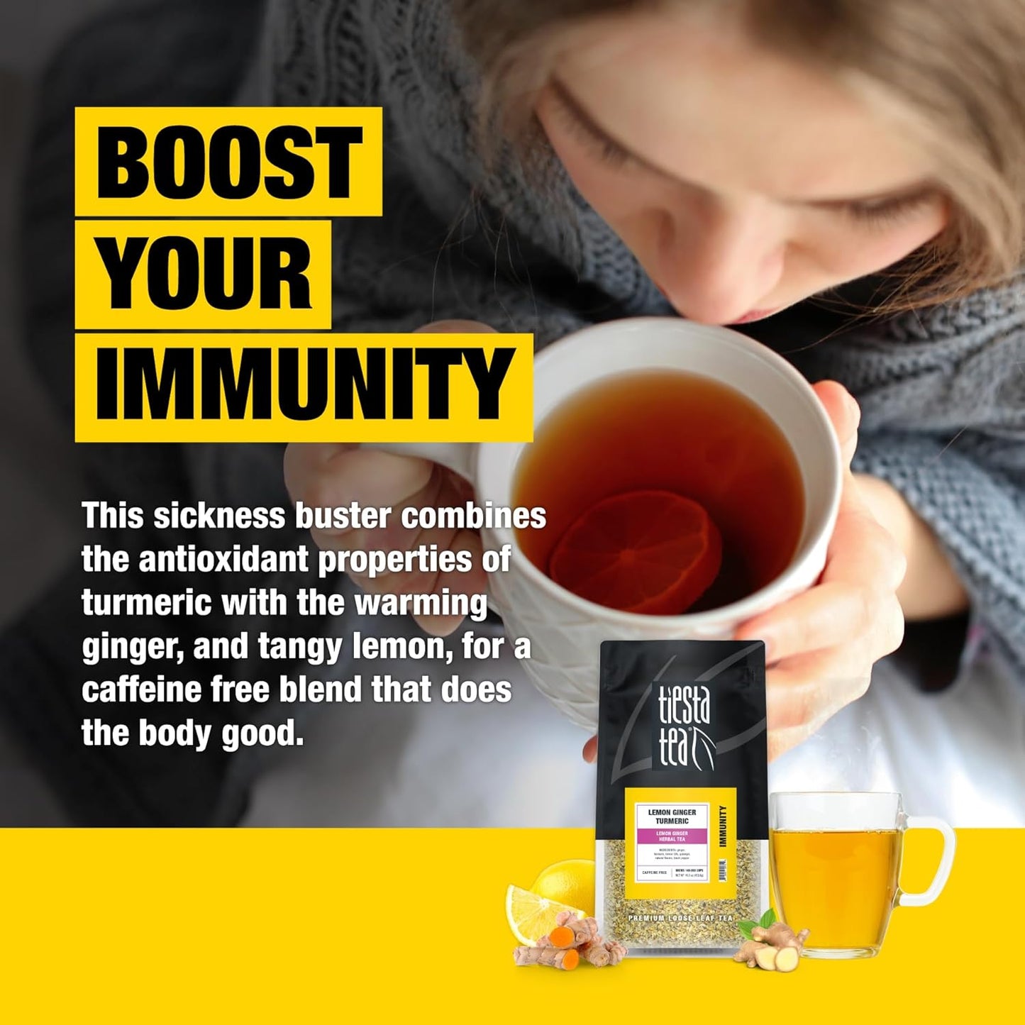 Tiesta Tea - Lemon Ginger Turmeric, Loose Leaf, Lemon Ginger Herbal Tea, Premium Non-Caffeinated Herbal Blend, Make Hot or Iced & Brews Up to 200 Cups, 16 Ounce Resealable Bulk Pouch