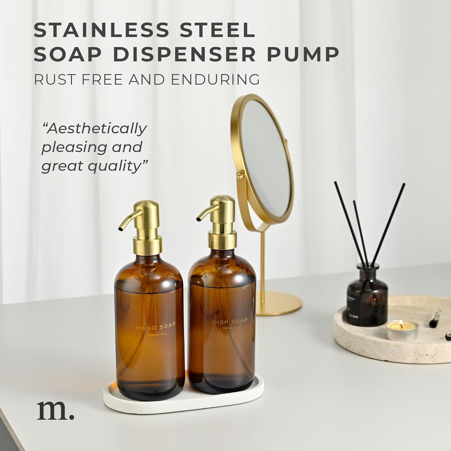 MaisoNovo Soap Dispenser 3-Piece Set | 16.9oz Amber Bottles with Gold Stainless Steel Pumps