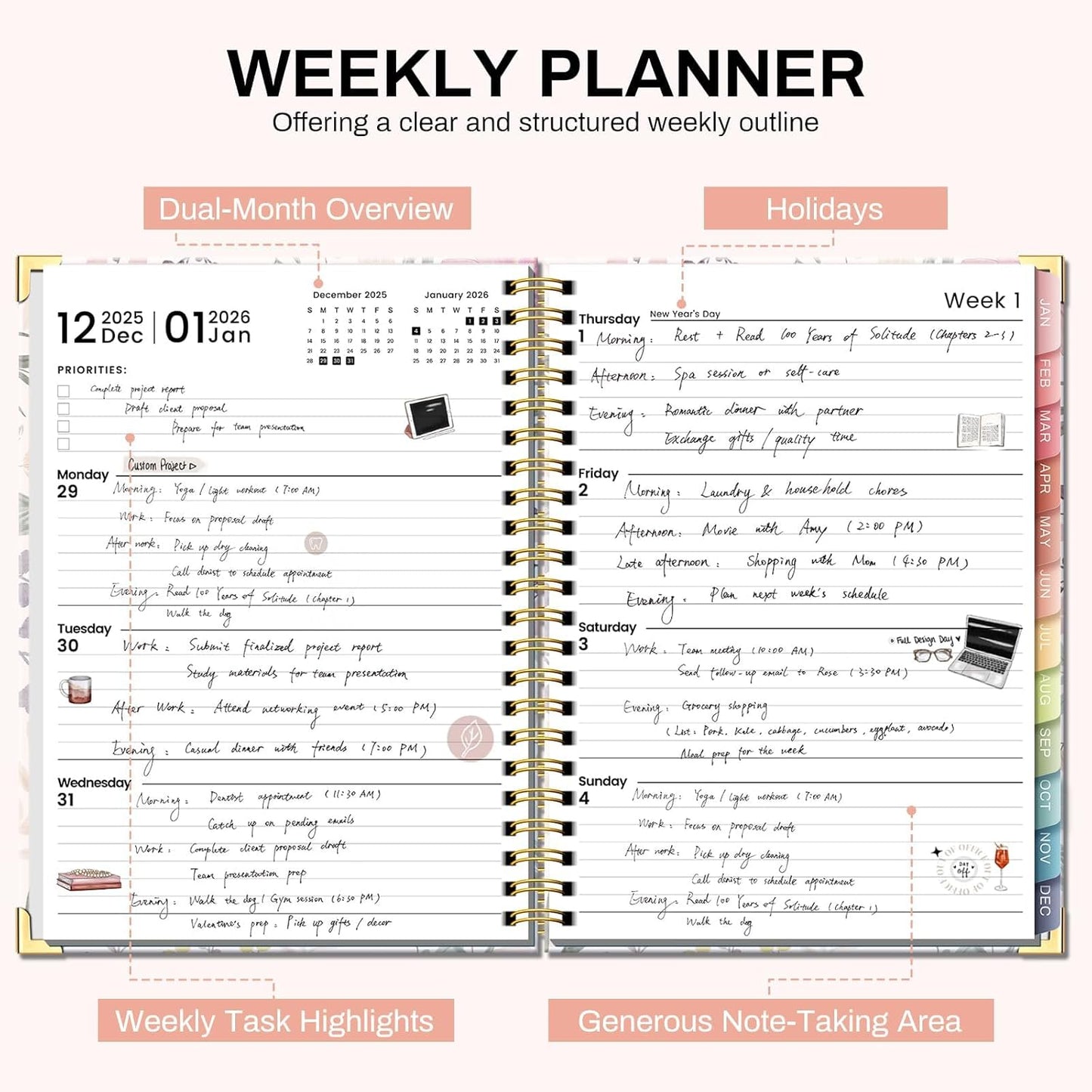 2026 Planner Weekly and Monthly Hardcover Leather Planner with Tabs 53 Weeks Schedule 8.5" x 11" Planners with Stickers for Women Yearly Agenda with Inner Pocket, Pink(Tree of Life)