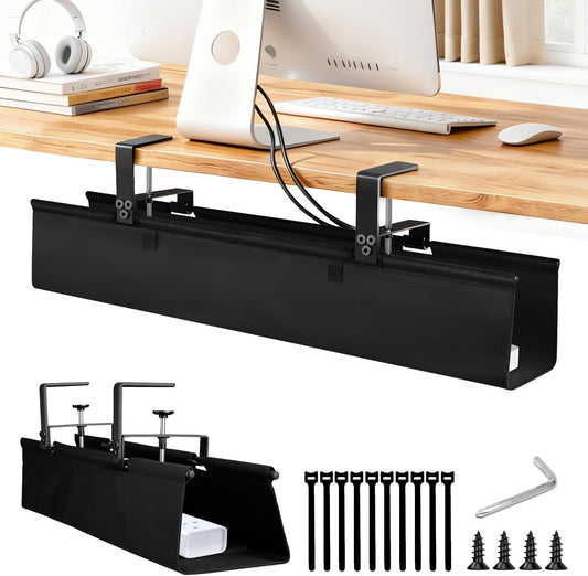 Under Desk Cable Management Tray - Heavy Duty No-Drill Clamp & Screw Mount, 36-Inch Cord Organizer for Home Office, Gaming Setup & Study Room, Holds Power Strip & Large Adapters