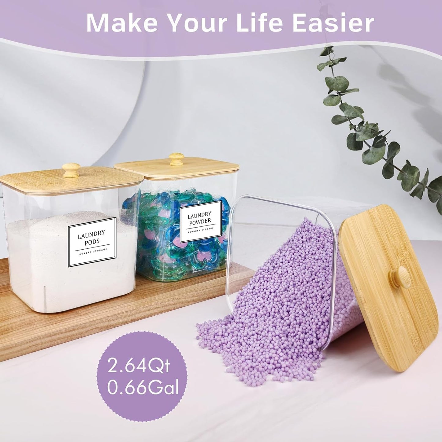 4+1 Pack Laundry Room Organization Containers,Clear Laundry Pods Container,Large Laundry Detergent Powder Storage Containers with Wooden Lids & Labels,Laundry Pods Holder for Scent Booster,Powder,Pods