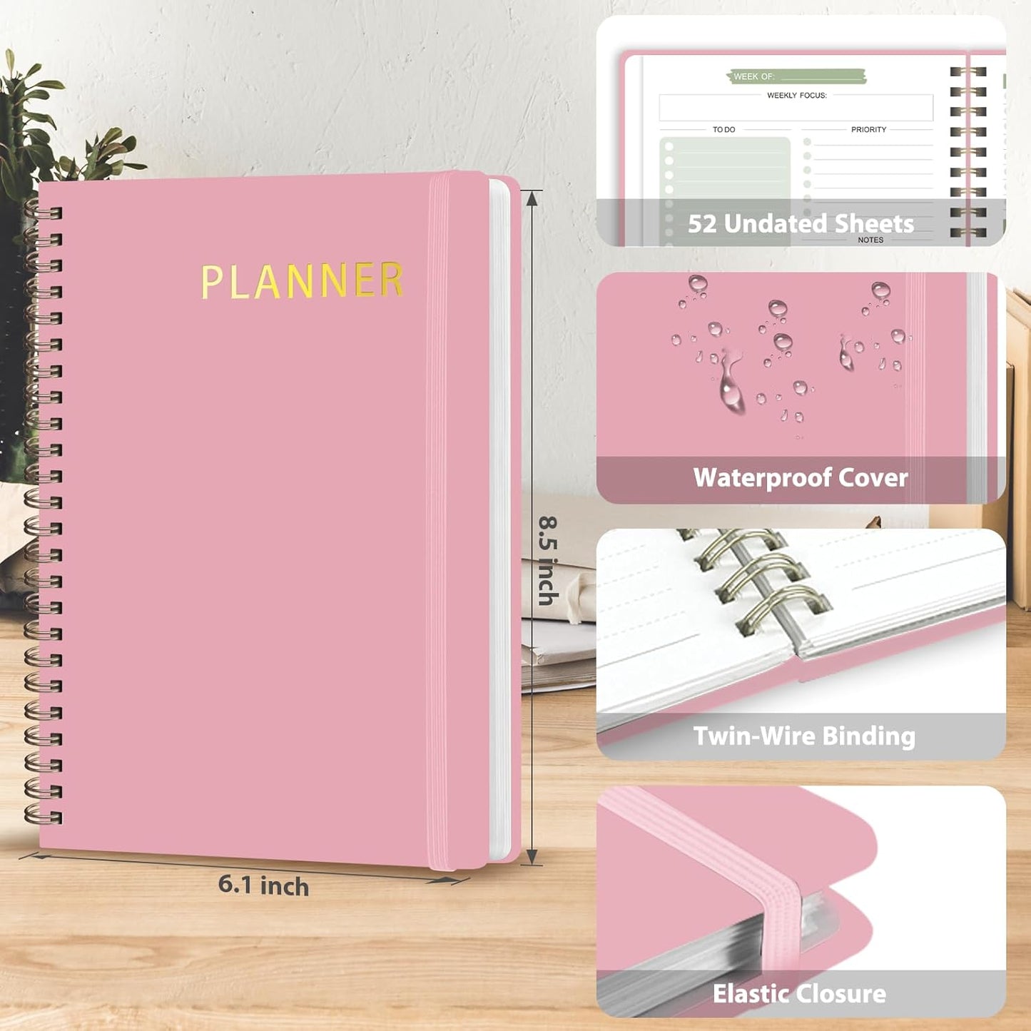 Undated Weekly Planner, Weekly To Do List Notebook with Goal, Organizer & Habit Tracker, A5 Daily Planner with Spiral Binding, Ideal for Office School Suppies - Pink