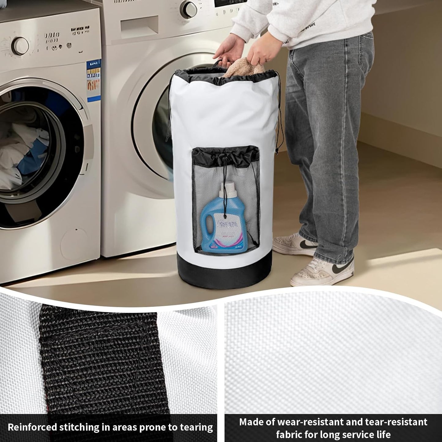 Laundry Bag Backpack with Shoulder Straps and Mesh Pocket Foldable Clothes Hamper Bag with Drawstring Closure for College, Apartment, Laundromat (White)