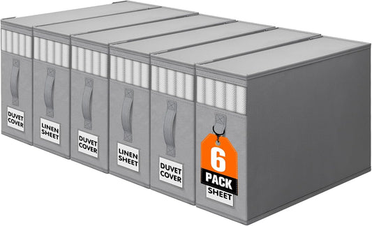 WOWBOX Sheet Organizers and Storage,Closet Bed Sheet Organizer Under Bed Storage and Organization with Label Cards & Clear Window for Bedding Sheets,Duvet Covers,Blankets (6 Pack，Gray)