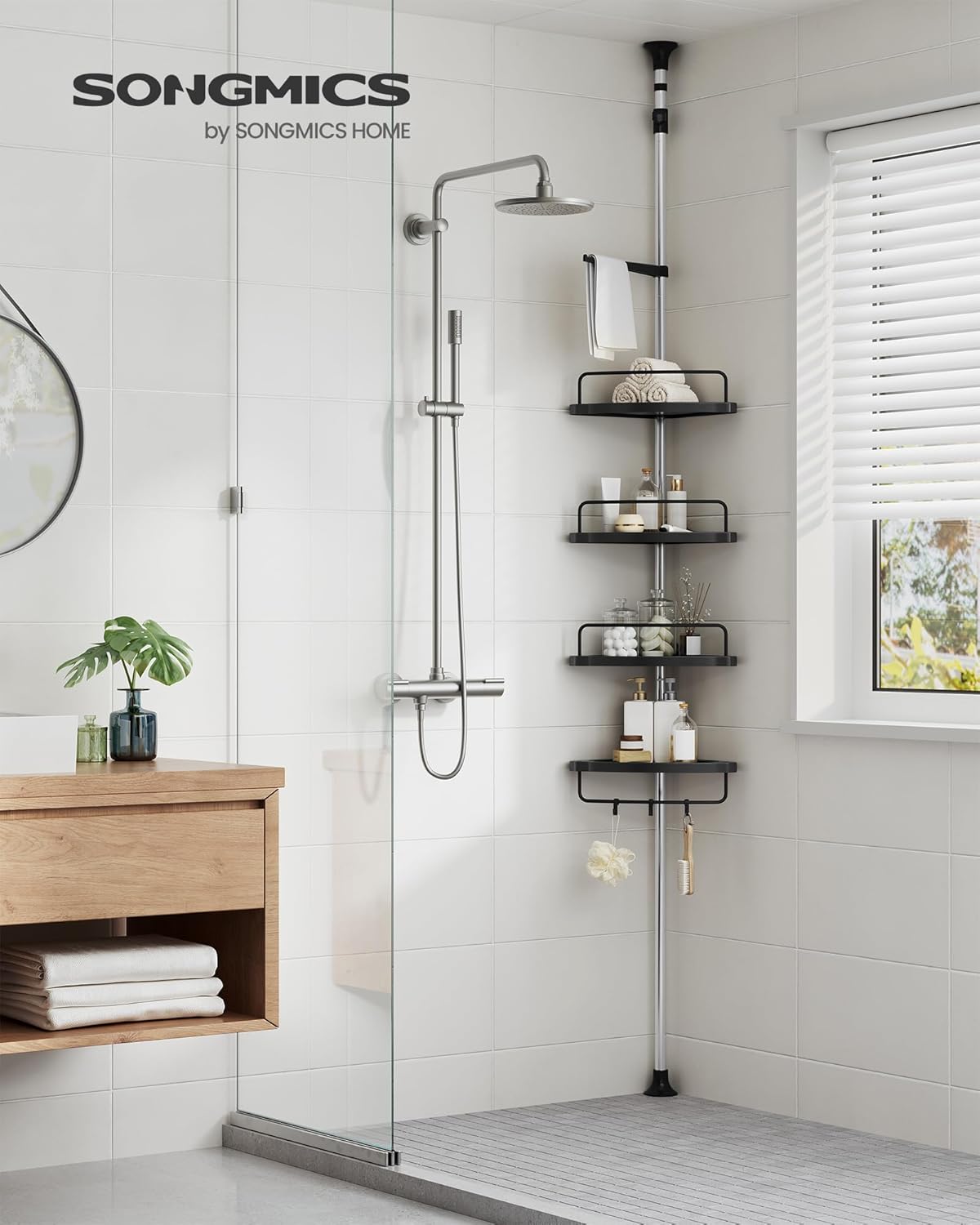 SONGMICS Corner Shower Caddy Tension Pole, 4-Tier Rust-Resistant Shower Organizer, Shower Shelf, Drill-Free, 35.8 to 118.1 Inches, Height Adjustable Trays, for Bathroom, Ink Black UBCB008B01