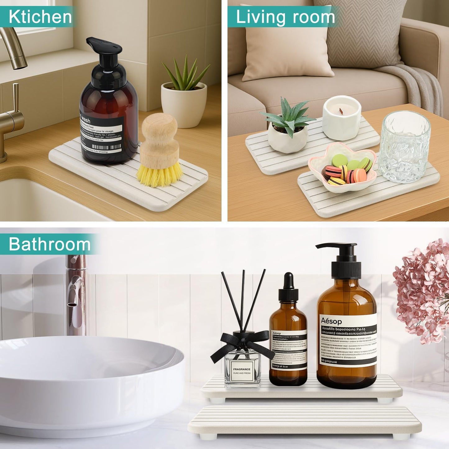 Diatomite Stone Drying Trays for Sink Bathroom Sink Tray Kitchen Counter Soap Dish Quick Drying Stone Mat for Kitchen Sink Diatomaceous Earth Tray Coaster Water Absorbing Stone Bathroom Trays