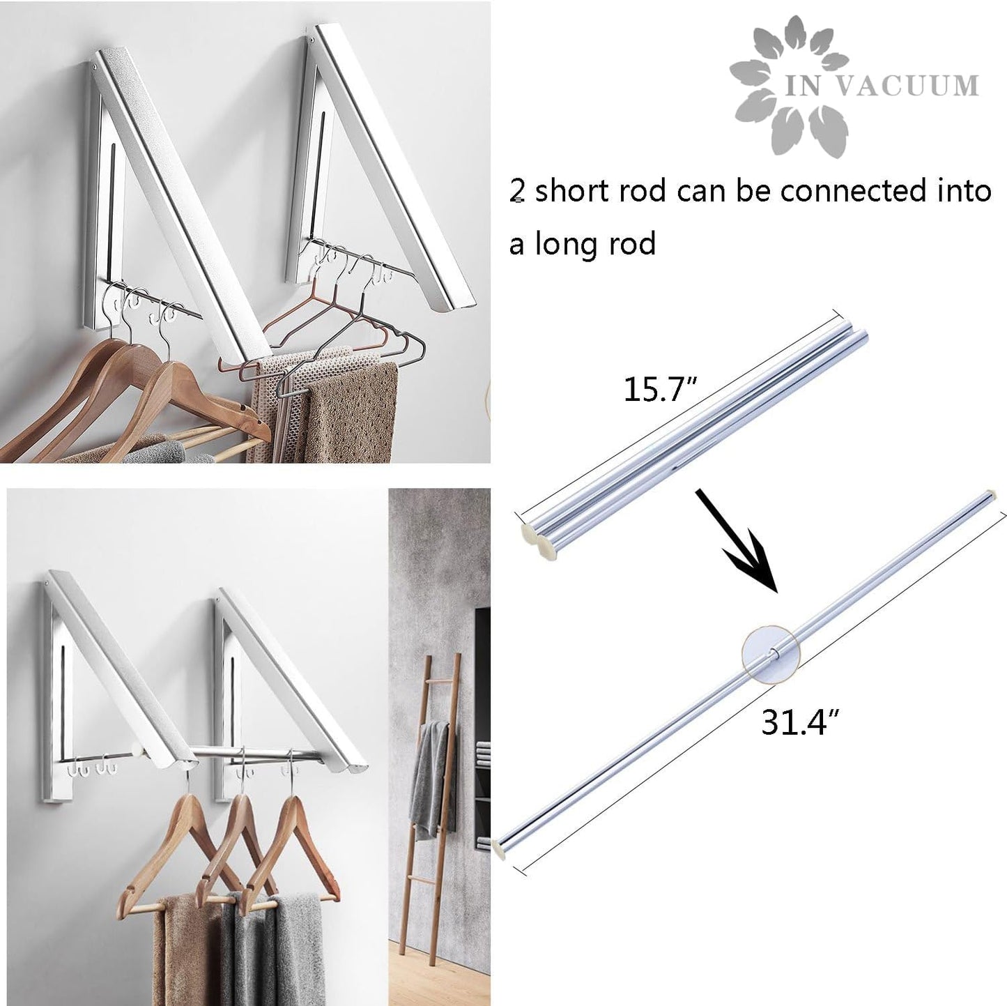 IN VACUUM Clothes Drying Rack Folding Indoor, Folding Drying Racks for Laundry Room Closet Storage Organization, Aluminum, Easy Installation (2 Racks with Rod, Sliver)