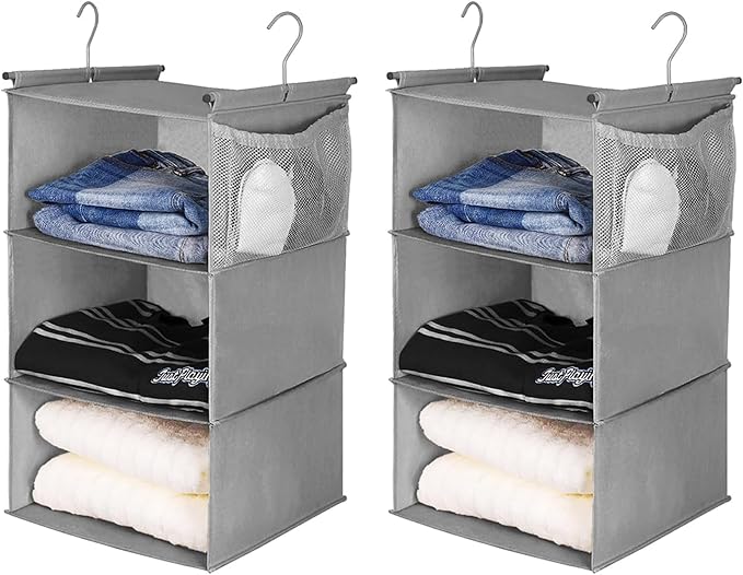 MAX Houser 3 Tier Shelf Hanging Closet Organizer, Closet Hanging Shelf with 2 Sturdy Hooks for Storage, 2 Pack, Foldable (Grey)