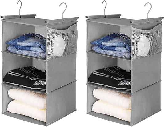 MAX Houser 3 Tier Shelf Hanging Closet Organizer, Closet Hanging Shelf with 2 Sturdy Hooks for Storage, 2 Pack, Foldable (Grey)