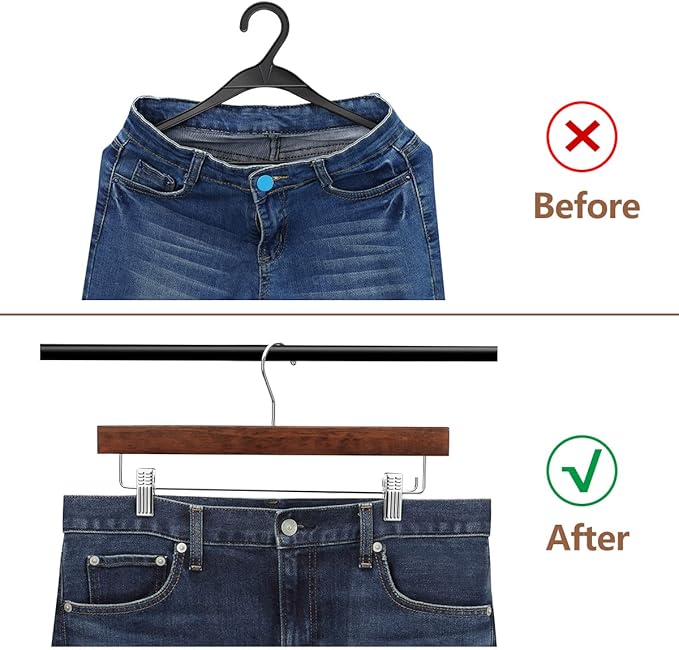 AMKUFO 20pcs Wooden Pants Hangers Solid Pants Hangers with Adjustable Clips 14 Inch Walnut Wood Skirt Hangers Trousers Bottom Hanger with Non-Slip Clips and 360° Swivel Hook