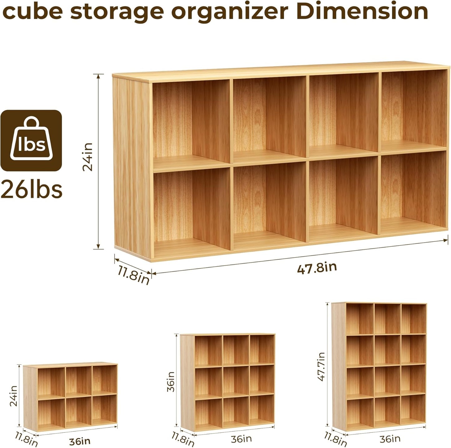 Cube Storage Organizer with Back Panel, 11" x 11" Cubby Shelf, Bookshelf for Home Office, Living Room, Bedroom (Natural, 8-Cube)