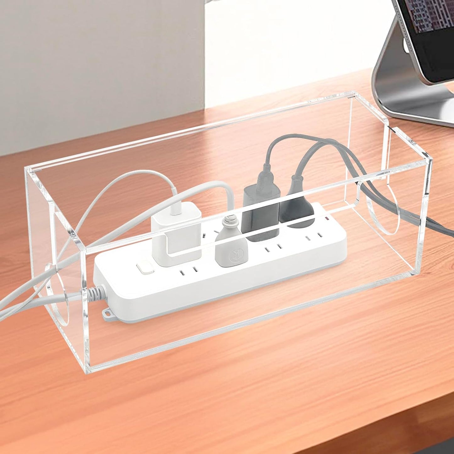 Cable Management Box, 2 Open Slots Cords Hider Box, Under Desk Power Strip Organizer and Floor Cables Storage, Clear