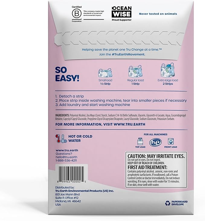 Tru Earth Hypoallergenic Baby Laundry Detergent Sheets/Eco-Strips for Sensitive Skin, 32 Count, Up to 64 Loads: Fragrance Free Detergent for Newborn, Infants, Toddlers, Children, Baby Clothes