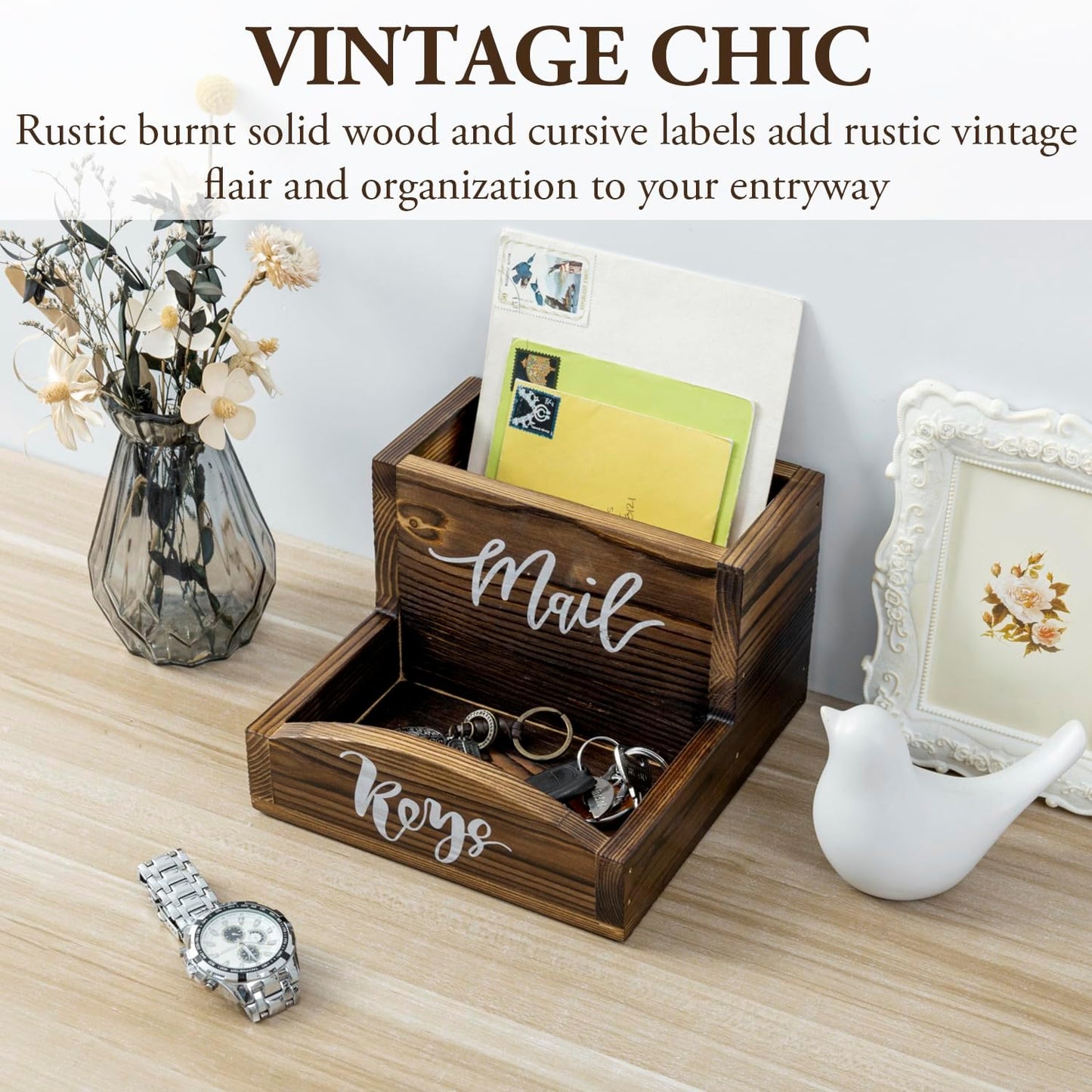 MyGift Rustic Burnt Solid Wood Mail Holder and Key Organizer, Entryway Storage Tray or Office Desktop Organizing Bin with White Cursive Lettering Labels