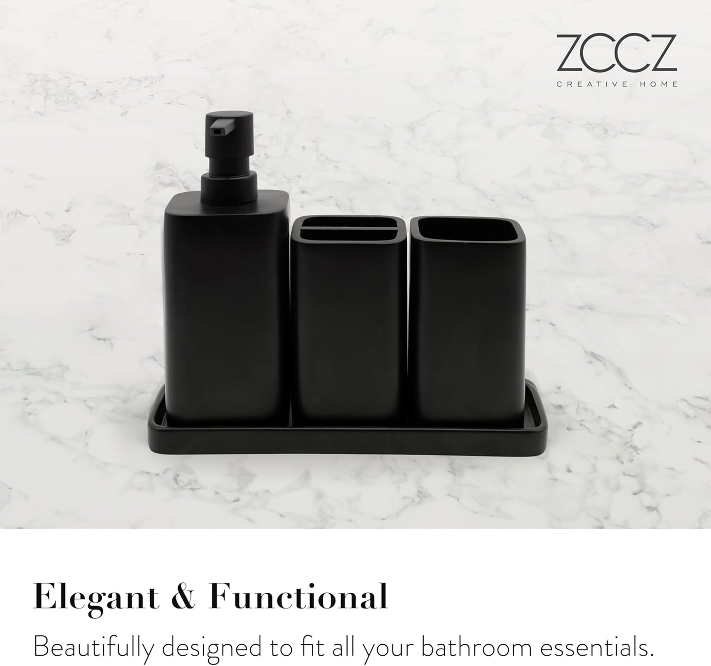 ZCCZ Matte Black Bathroom Accessory Sets, 4 Pieces Bathroom Accessories Complete Set Vanity Countertop Accessory Set, Includes Lotion Dispenser Soap Pump, Tumbler, Toothbrush Holder and Tray