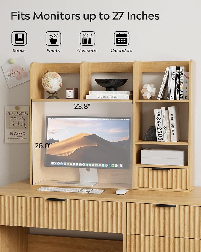 Desktop Bookshelf, Wood Desk Shelf with Fluted Drawer and 5 Shelves, Countertop Desk Hutch for Computer Desk, 3-Tier Display Rack Desk Shelf Storage Organizer for Dorm, Office, Natural Oak