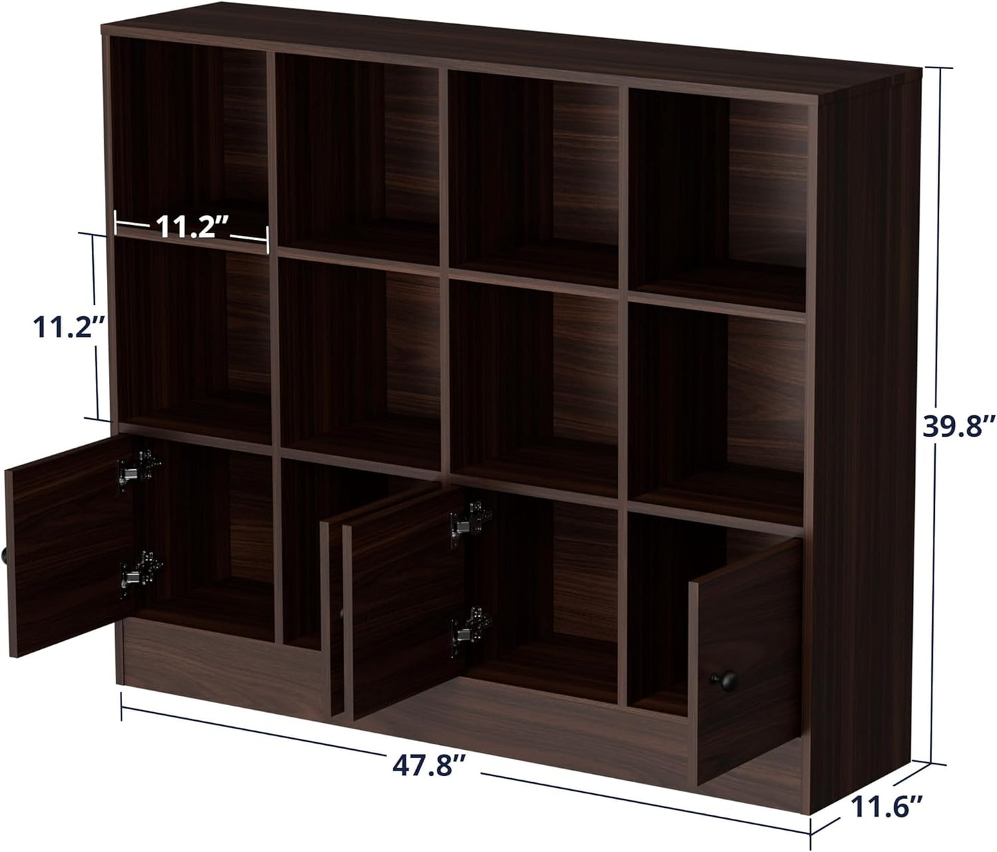 Cozy Castle Brown Wood Bookcase,12 Cube Storage Organizer Bookshelf with 4 Doors,3 Tier Storage Cabinet with Adjustable Shelves for Bedroom, Living Room, Office