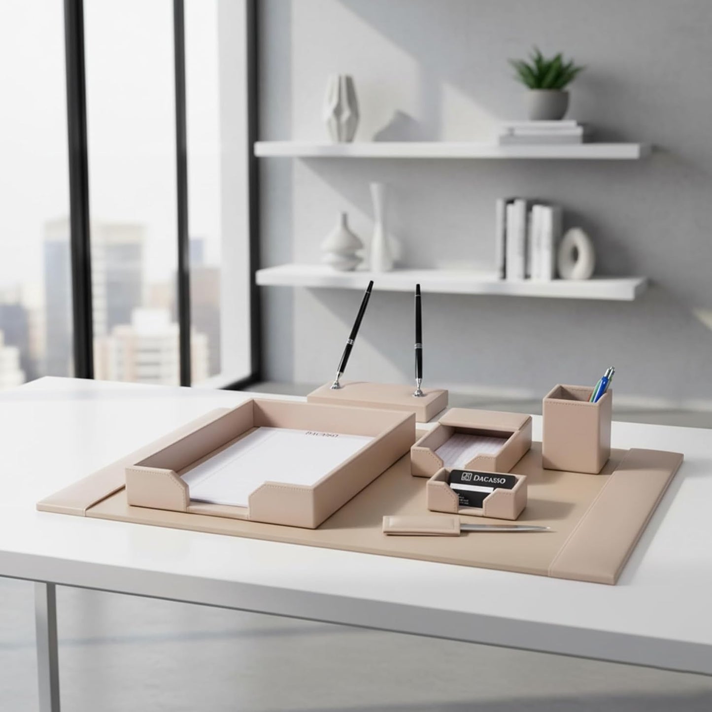 Dacasso Bonded Set Luxury Leather Desk Pad & Desk Organization Essentials, 7 Piece, White Latte