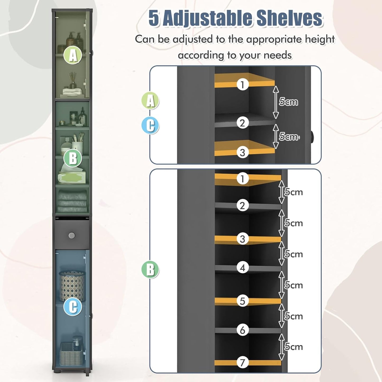 71" Tall Narrow Bathroom Storage Cabinet, Modern Skinny Toilet Paper Storage Organizer w/1 Drawer, 2 Doors & 5 Adjustable Shelves, Slim Tower Floor Cabinets for Small Spaces
