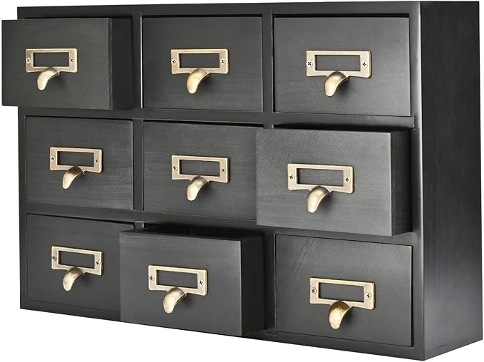 Flexzion Apothecary Cabinet with Drawers - 9 Vintage Apothecary Drawers Desktop Organizer for Home & Office - Wooden Tabletop Library Card Catalog Cabinet Storage for Jewelry, Makeup & Tools, Black