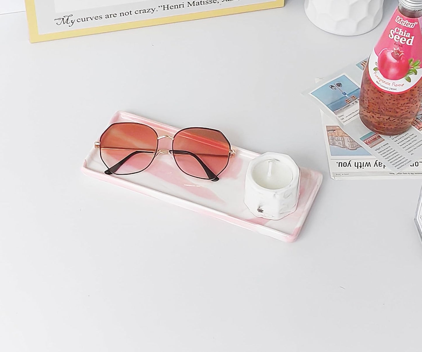 9.2" Porcelain Small Bathroom Tray, Ceramic Countertop and Vanity Tray for Cosmetics, Perfume, Jewelry, Candle - Kitchen Soap Tray for Kitchen Counter (Pink)