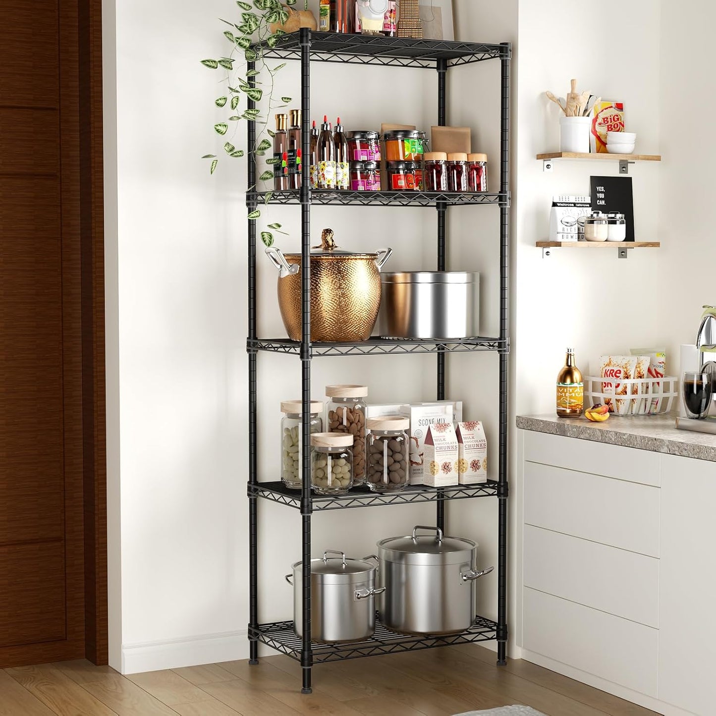 5 Tier Adjustable Storage Shelves Heavy Duty Metal Utility Shelf 750LBS Capacity Wire Shelving Unit Organizer Rack for Home Kitchen Office Bathroom Pantry Room 12" D x 22" W x 59" H Black